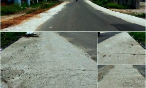 Kondisi terkini proyek rabat beton bahu jalan Etanol yang mulai hancur dan patah meski baru selesai dikerjakan dalam hitungan hari. Diduga kuat pemadatan tanah dasar tidak maksimal dan terjadi pengabaian standar teknis.
